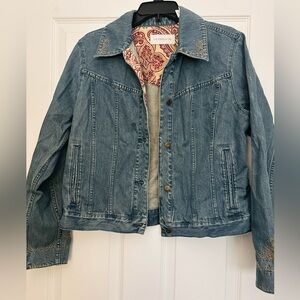 Liz Claiborne Embroidered Jean Jacket Size L Vintage W/ paisley bandana accents